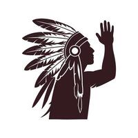 Silhouette of a native american man wearing a feathered headdress and raising his hand vector