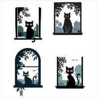 Four silhouettes of black cats sitting in windows with foliage and houses vector