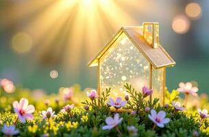House in the garden with sun shining through the window photo