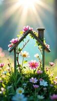 A house with flowers and a sun shining through the window photo