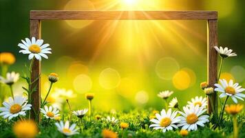 Wooden frame with daisies on grass photo