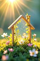 A miniature house with flowers and sun shining through it photo