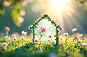 A small house with flowers and grass in the sun photo