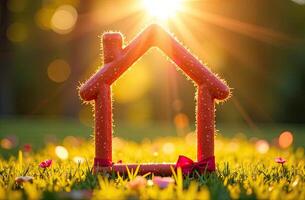 A house made of red sticks on grass with sun shining photo