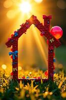 A house made out of red and pink balloons is in the sun photo