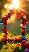 A colorful house made out of balloons on grass photo