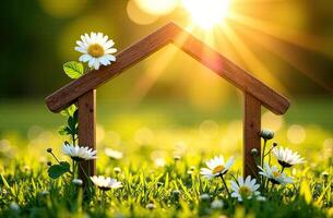 House with daisies and sun in the background photo