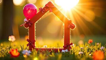 A house with balloons and a red ribbon on it photo