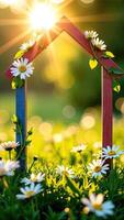 A house with daisies and sun in the background photo