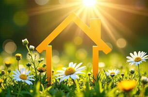 House in the grass with daisies photo