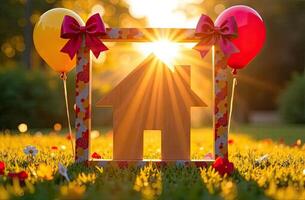 A house with balloons and a sun in the background photo