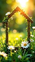A frame with daisies and green grass in the sun photo