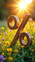 Golden percentage sign in the field with sun photo