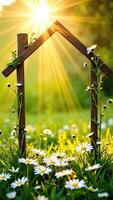 The sun shines through the wooden house in the field photo