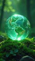 A green globe with a green glow in the middle of a forest photo
