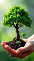 Green tree in hands with soil and green background photo