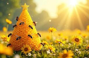 A bee hive shaped christmas tree is in the middle of a field photo