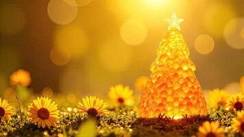 A small christmas tree made of honey is in the middle of a field photo