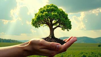 A hand holding a tree with dirt on it photo
