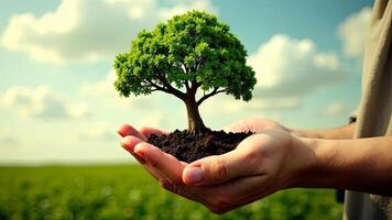 A hand holding a small tree in the field photo