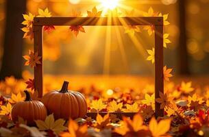 Autumn leaves and pumpkins in frame with sun shining through photo