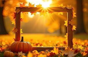 Autumn leaves and pumpkins in a frame photo