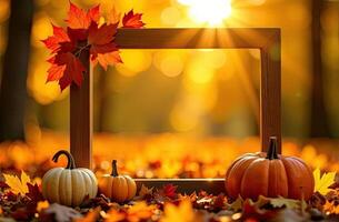 Autumn leaves and pumpkins in a frame with a sun shining through photo