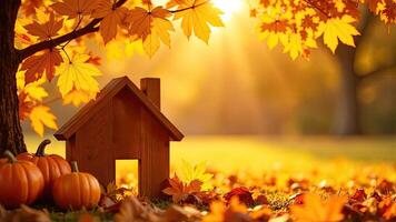 Autumn house with pumpkins and leaves photo