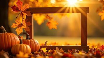 Autumn leaves and pumpkins in a frame with sun shining through photo