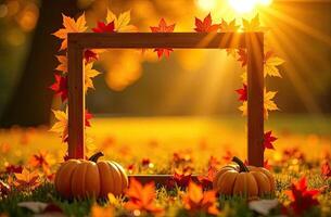 Autumn leaves and pumpkins in a frame with sun shining photo