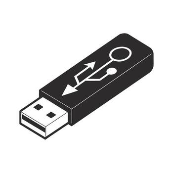 Black and White Isometric Illustration of a USB Flash Drive with the Universal Serial Bus Symbol for Data Storage and Transfer on a White Background vector