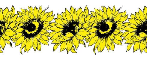 Sunflower Garland Seamless. Seamless Horizontal Sunflowers Background. Sunflower Line Art Drawing. Seamless Flower Design. Botanical garland seamless. Border Frame vector