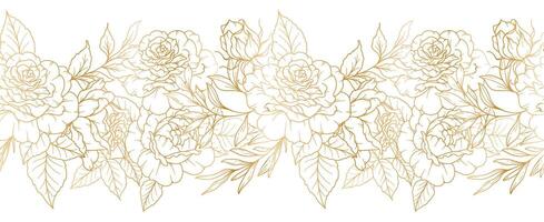 Seamless Flower Border with Roses and Leaves. Seamless Horizontal Floral Background. Roses Line Art Drawing. Minimalist Flower Design. Flower garland seamless. Border Frame vector