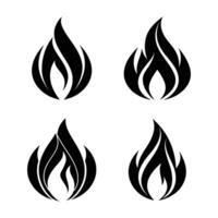 Set of Four Black Fire Flame Icons on White Background Representing Energy Passion and Transformation Ideal for Logo Design Branding and Symbolism in Various Creative vector