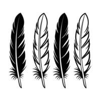 Elegant Black and White Feather Illustration Set Featuring Four Distinct Feather Designs in a Minimalist Style Perfect for Graphic Design and Creative Projects on White vector