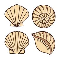 Collection of Four Stylized Seashell Illustrations with Brown Outlines Featuring Scallop Shells and a Spiraled Nautilus Shell Isolated on White Background for Design Elements vector