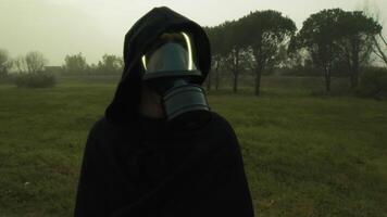 Man In Radiation Mask Observes Post Apocalyptic Environment video