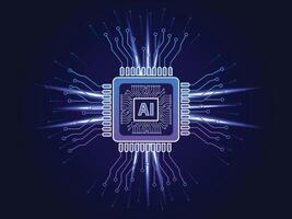 Brightly glowing AI chip on light circuit board on technology blue background. CPU processor or semiconductor on tech background. Computer microchip on motherboard. vector
