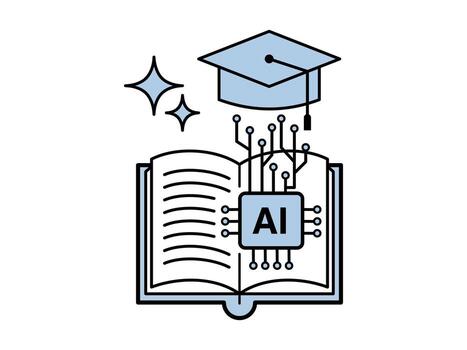 AI in Education. An illustration showing an open book with an AI chip, connected to a graduation cap, symbolizing smart learning and the future of education powered by artificial intelligence. vector