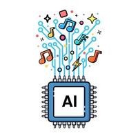 AI Music Creation. Illustration showcasing an AI chip connected to digital circuits, releasing musical notes and various sound symbols. reflecting the role of AI in music. vector