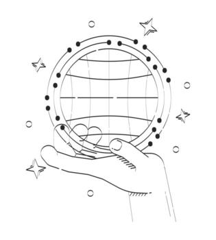 World in hand doodle line illustration concept. Global connectivity. Worldwide web data. Connected planet. Holding globe wireframe 2D outline composition isolated. Hand drawn ink metaphor monochrome vector