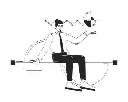 Data scientist in analytics doodle line illustration concept. Insight-driven analyst. Data visualization. Businessman presenting chart 2D outline character isolated. Hand drawn ink metaphor monochrome vector