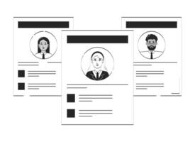Job resume paper sheets with diverse candidates profiles doodle linear object. Employee CVs. HR screening pages 2D outline clip art drawing isolated on white. Hand drawn sketch illustration vector