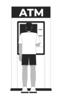 Back view black man using ATM device 2D line character. African american guy cash withdrawal from automated teller machine isolated ink outline person. Monochromatic spot illustration vector
