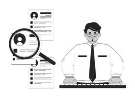 HR manager screening resumes with magnifying glass doodle line illustration concept. Candidate search. Employee select loupe recruiter 2D outline character isolated. Hand drawn ink metaphor monochrome vector