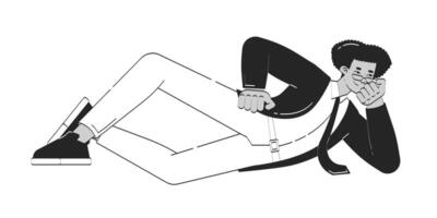 Relaxed latino male employee lying on side doodle linear character. Confident laidback hispanic businessman work rest 2D outline person isolated. Hand drawn drawing illustration monochrome vector