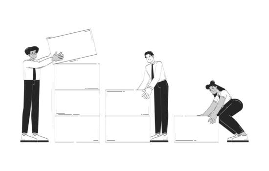 datos analítica equipo edificio conjunto de datos garabatear línea ilustración concepto. datos visualización. analistas apilado bloques dentro bar grafico 2d contorno caracteres aislado. mano dibujado tinta metáfora monocromo vector