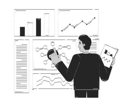 Comparing results and data evaluation doodle line illustration concept. Business dashboard. Analytical decision-making. Indian analyst 2D outline character isolated. Hand drawn ink metaphor monochrome vector