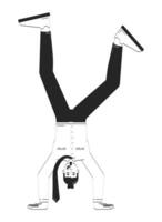 Playful male employee doing handstand doodle linear character. Upside down caucasian office worker energetic pose 2D outline person isolated. Hand drawn drawing illustration monochrome vector