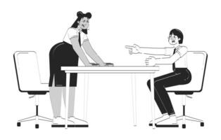 Workplace conflict between colleagues at meeting table doodle linear characters. Angry female coworkers dispute argument 2D outline people isolated. Hand drawn drawing illustration monochrome vector